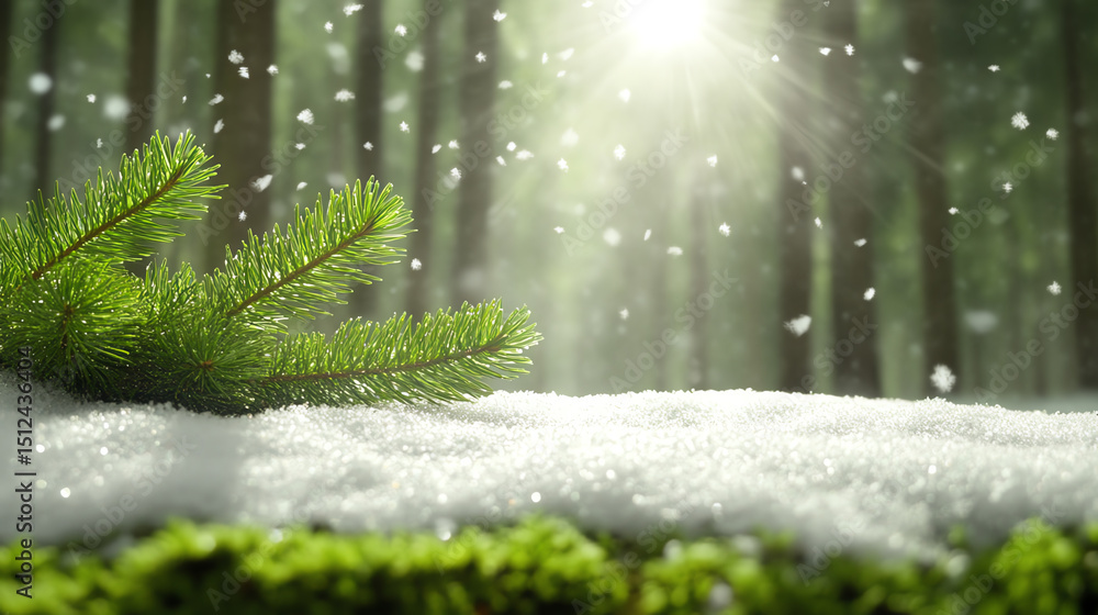 Poster A serene winter scene featuring snow-covered ground and sunlight filtering through evergreen trees, creating a tranquil atmosphere.