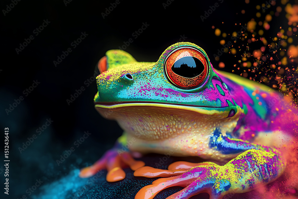 Poster vibrant close-up of a colorful frog against a dark background with abstract splashes of color