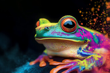 Vibrant close-up of a colorful frog against a dark background with abstract splashes of color
