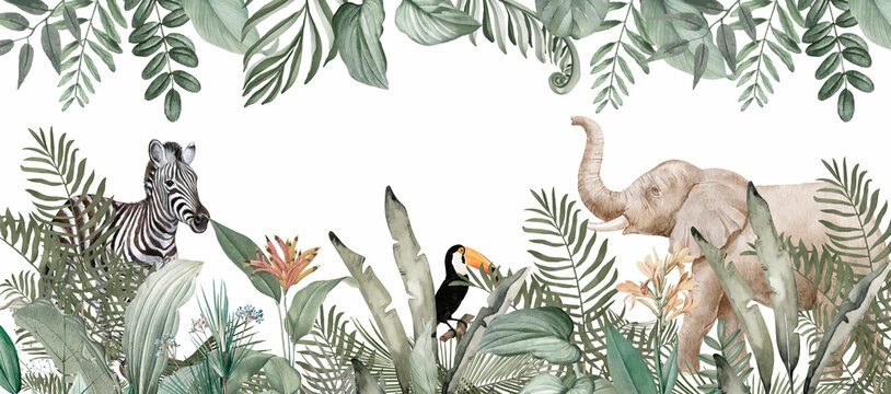 Tropical Animal Mural: Zebras, Elephants, Toucan Amidst Vibrant Green Foliage