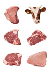 Various cuts of beef and pork steaks