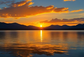 Fototapeta premium Golden sunset over a tranquil lake, with mountains silhouetted against a vibrant, cloud-filled sky.
