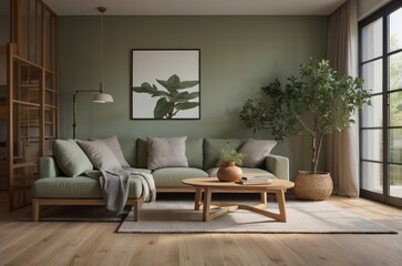 Serene Japandi Living Room: 3D Render, Morning Sunlight, Copy Space
