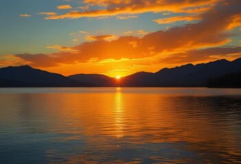 Fototapeta premium Golden sunset over a tranquil lake, with mountains silhouetted against a vibrant, cloud-filled sky.