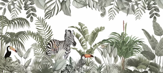 Gardinen Dschungel Exotic Wildlife Wall Mural: Zebra & Toucan in Verdant Palm & Leaf Landscape  © csinie1