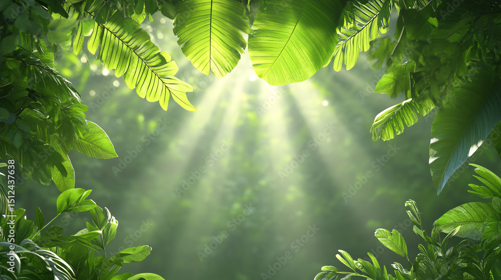 Poster a vibrant green canopy with sunlight filtering through lush leaves, creating a serene and peaceful n