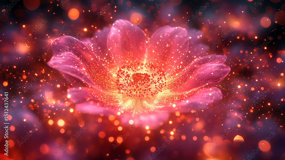 Poster a vibrant flower glowing amidst a dreamlike background filled with soft bokeh lights and enchanting 