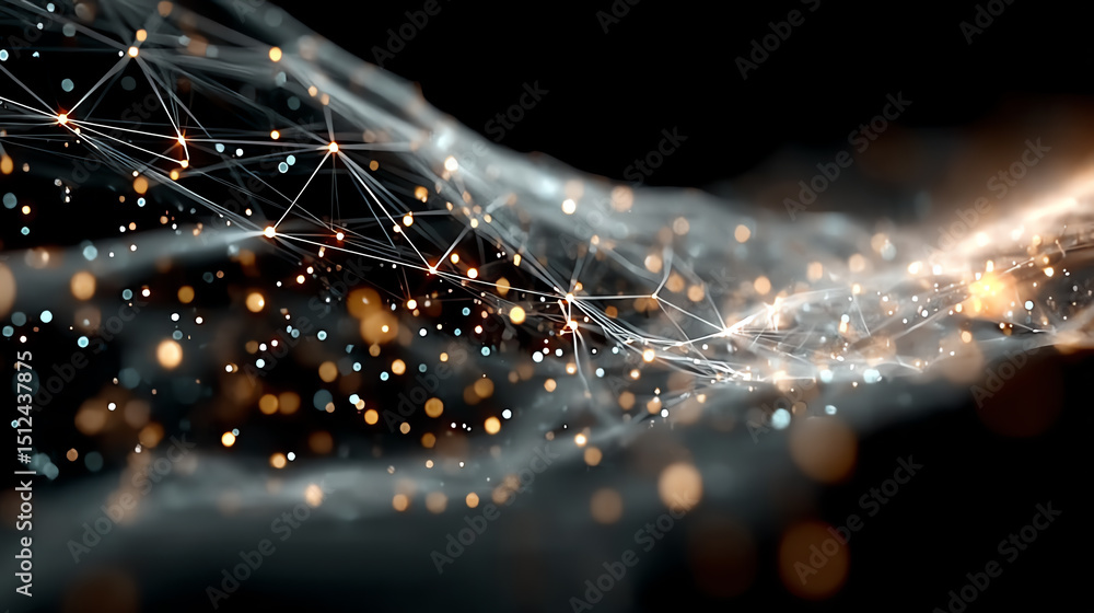 Poster abstract digital wave with glowing particles, showcasing connections and movement in a vibrant, high