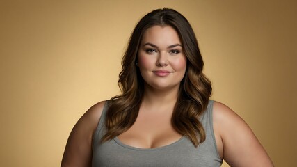 Obraz premium Plus size Caucasian woman plain gold background, looking proud