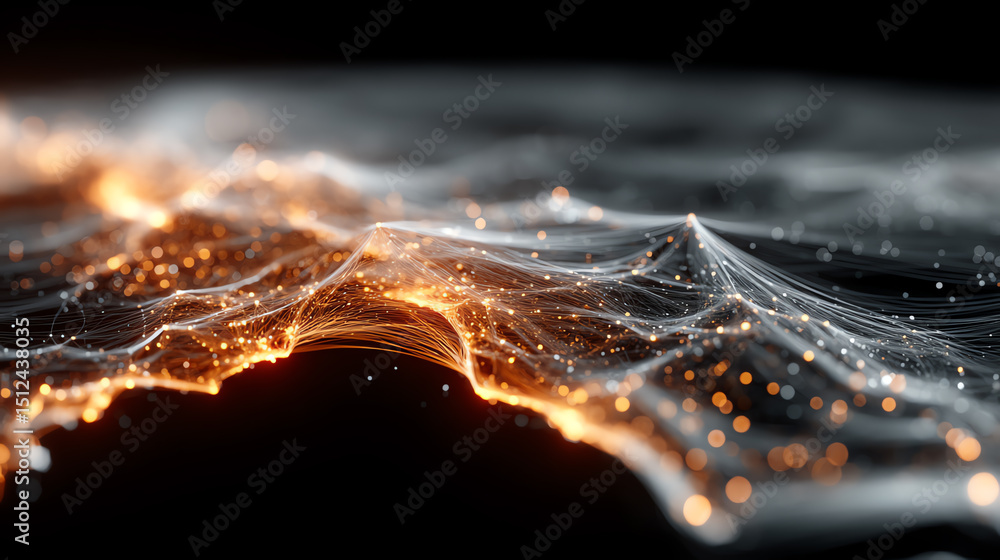 Poster Abstract representation of dynamic waves with glowing particles, illustrating the beauty of technology and innovation in digital art.