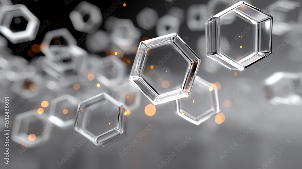 Poster abstract representation of molecular structures highlighting hexagonal shapes and glowing particles 