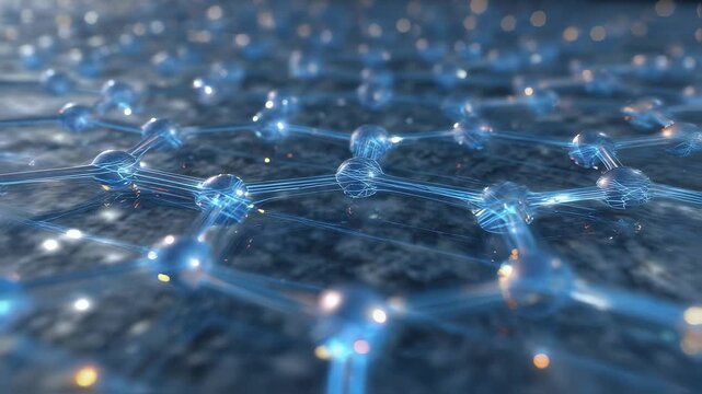 Microscopic view of a blue energy membrane showcasing a network of microchannels and crystalline structures designed to harness salinity gradients, reflecting light like a sunlit surface