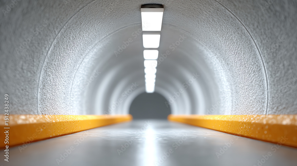 Aufkleber An empty tunnel featuring illuminated ceiling lights, creating a sense of depth and perspective in a modern architectural setting.