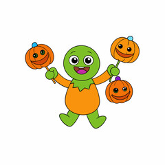 Obraz premium Cartoon Monster with Pumpkin Lollipops for Halloween Celebration Illustration
