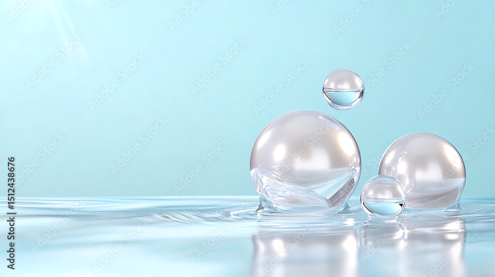Poster close-up of shimmering water droplets on a soft blue background, creating a calming, tranquil atmosp