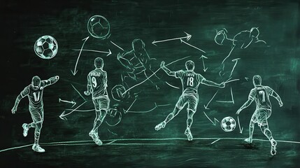 Obraz premium Soccer game tactical scheme with football players and strategy arrows. Vector chalk graphic on black board illustration , no logos, no brands