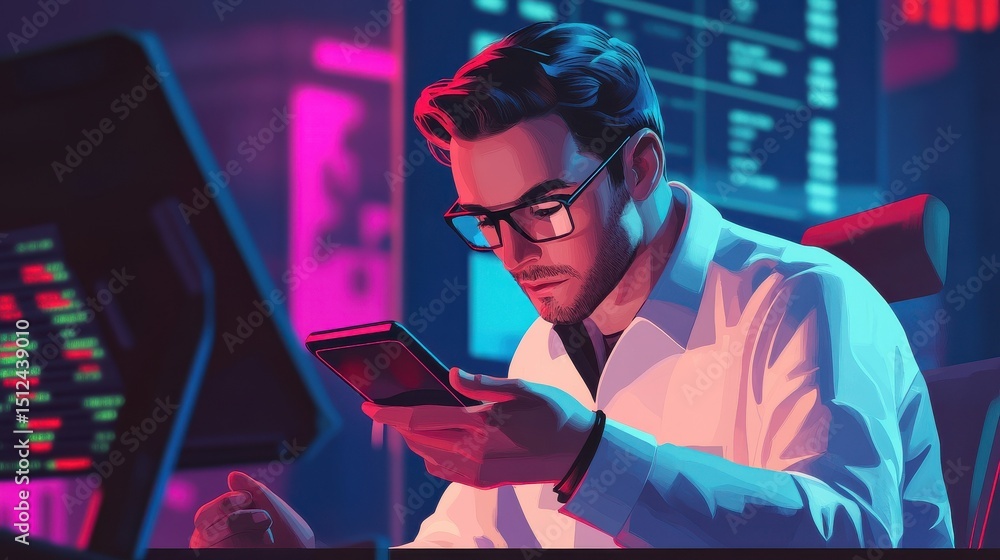 Poster crypto trader investor broker using smartphone app analyzing financial data stock market price on ce