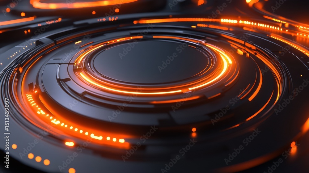 Poster futuristic abstract technology design with glowing orange lights and circular patterns.