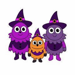 Three cute cartoon monsters wearing witch hats for Halloween illustration