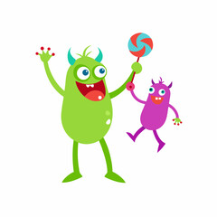 Two Cheerful Cartoon Monsters with a Lollipop on a White Background