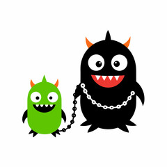 Cute Cartoon Monsters on a Chain Black and Green Isolated on White