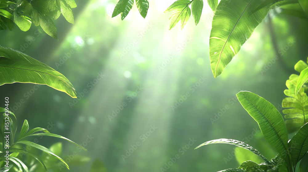 Poster Lush green foliage with sunlight filtering through leaves, creating a serene and tranquil atmosphere in the forest.