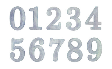 Hand painted watercolor Blue numbers 0-9 isolated on a white background.