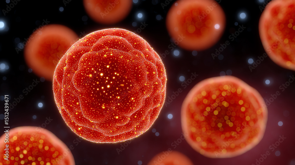 Poster Microscopic view of vibrant cells in a dynamic formation, showcasing cellular structures and intricate details.