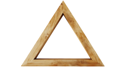 A triangle shaped wooden frame with a light brown color against a black background in a studio shot isolated on transparent background
