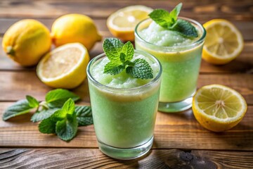 Fototapeta premium Refreshing Lemon Mint Slush in Glass – Summer Beverage on Wooden Table with Space for Text and Logo