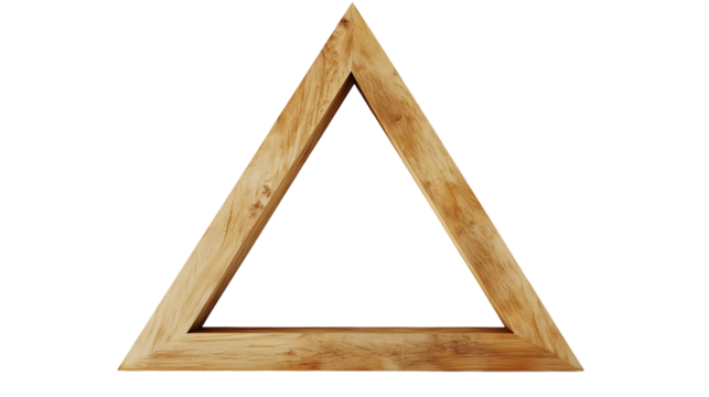 A triangle shaped wooden frame with a light brown color against a black background in a studio shot isolated on transparent background - Powered by Adobe