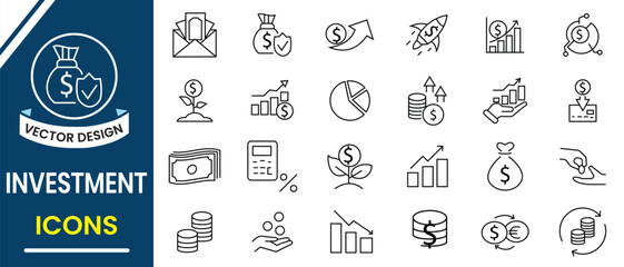Investment icon set collection. Financial investment liner icon.  Wallet, currency, revenue, piggy bank, and profit icon set.