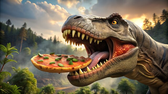 Dinosaurs feasting on Veggie Supreme Pizza in surreal setting ideal for viral marketing posters pizza events and quirky promotional designs milkyhexddway pizzas Backgrounds ads