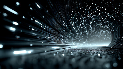 This abstract image depicts a futuristic tunnel with luminous particles traveling at high speed, creating a sense of motion and depth.