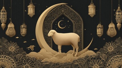 Peaceful sheep rests under a radiant crescent in a decorative vector design filled with glowing lanterns and Eid-themed floral ornaments.