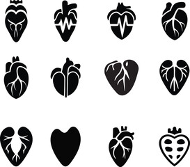 Heart Icons Collection for Medical and Love Designs, Black Anatomical Heart Icons Set Vector Medical & Artistic Symbols