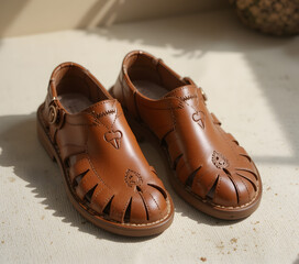 Stylish Brown Leather Fisherman Sandals with Cutout Details in Natural Light created by Generative AI.