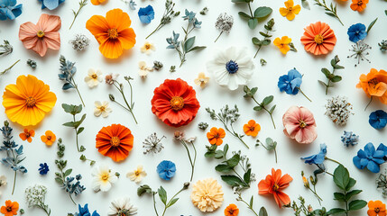 Vibrant floral pattern with orange red and blue flowers botanical flatlay summer spring white background colorful.