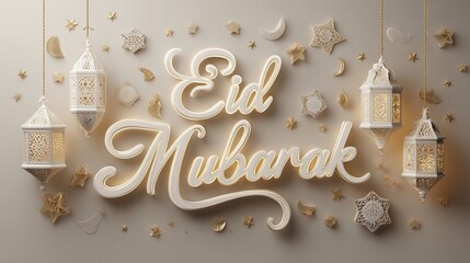 Soft white calligraphy of "Eid Mubarak" floats amid glowing lanterns, delicate stars, and floral designs, all wrapped in a golden, comforting radiance.