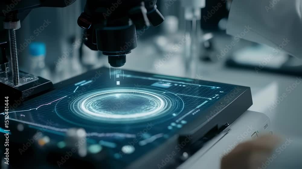 Poster laboratory technician adjusting controls of futuristic ai modular printer with luminous interface sh