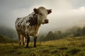 A classic engraving of a proud cow on misty green pasture, with detailed textures and soft shadows creating a timeless rural scene.