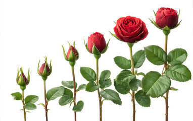Time-lapse style sequence showing the stages of a rose blooming on a clean white background. Symbolic of growth, transformation, and beauty. Ideal for educational, botanical, and inspirational design.