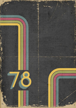 1970s sports background with copyspace. Vintage colored stripes and the number 78 on grunge, bleached out dark paper texture with scratches and folds