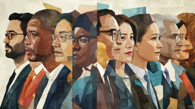 Collage of portraits of an ethnically diverse and mixed age group of focused business professionals illustration , no logos, no brands