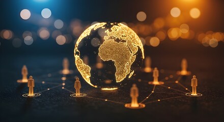 Illustration of a global business network with various individuals linked to the Earth, representing worldwide connections.