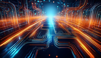 abstract digital circuit board with glowing orange and blue pathways symbolizing interconnected data flow and futuristic technology
