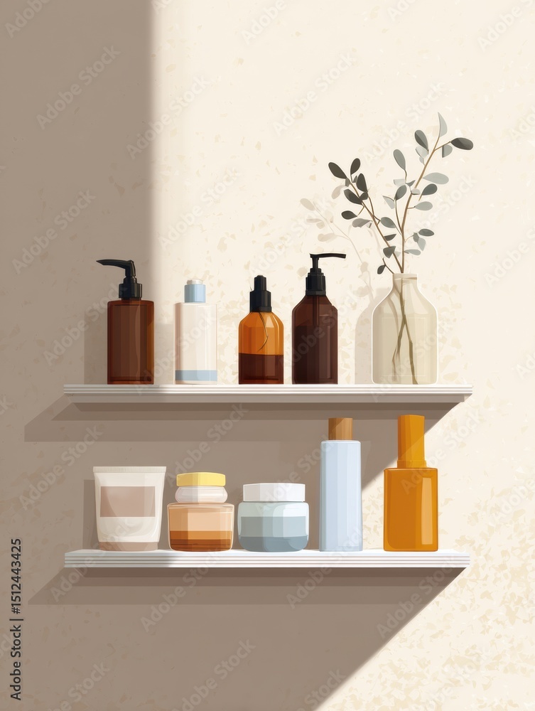 Poster Minimalist Skincare Routine Displayed on a Clean Shelf With an Elegant Arrangement of Products and a Touch of Greenery for a Fresh Ambiance