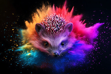 Colorful hedgehog portrait surrounded by vibrant powder explosion on a dark backdrop