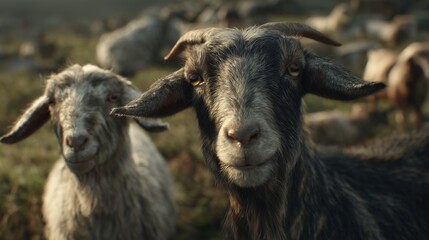 Obraz premium Peaceful fields hold grazing goats and sheep ready for Eid al-Adha sacrifice, framed by lush scenery and soft light in a gentle countryside setting.