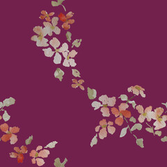 Delicate seamless pattern with a garland motif of flowers painted in watercolor on a pink background	